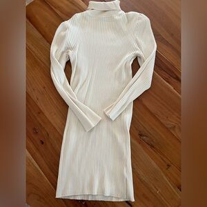 Chic Cream Ribbed Knit Long Sleeve Dress